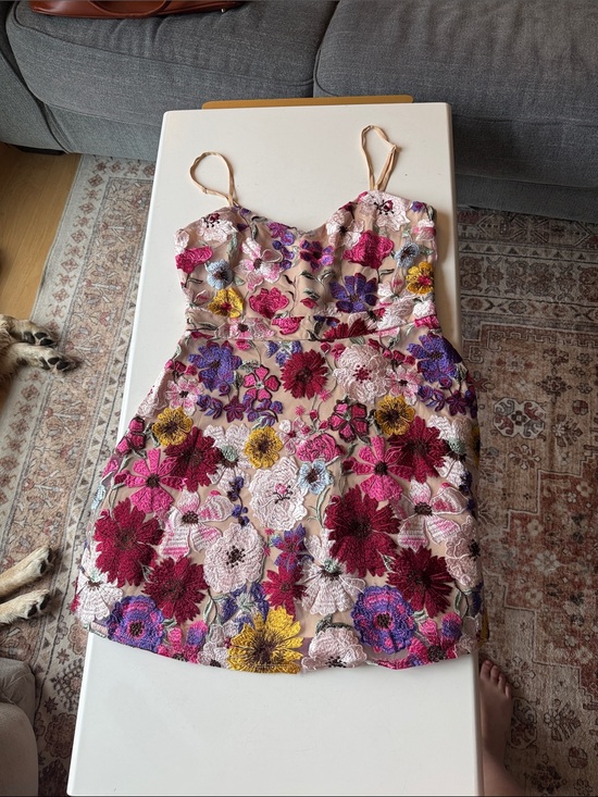 Lulus Dresses & Skirts - Lulu's Floral Embroidered Mini Dress in Nude with Pink, Purple & Yellow Flowers